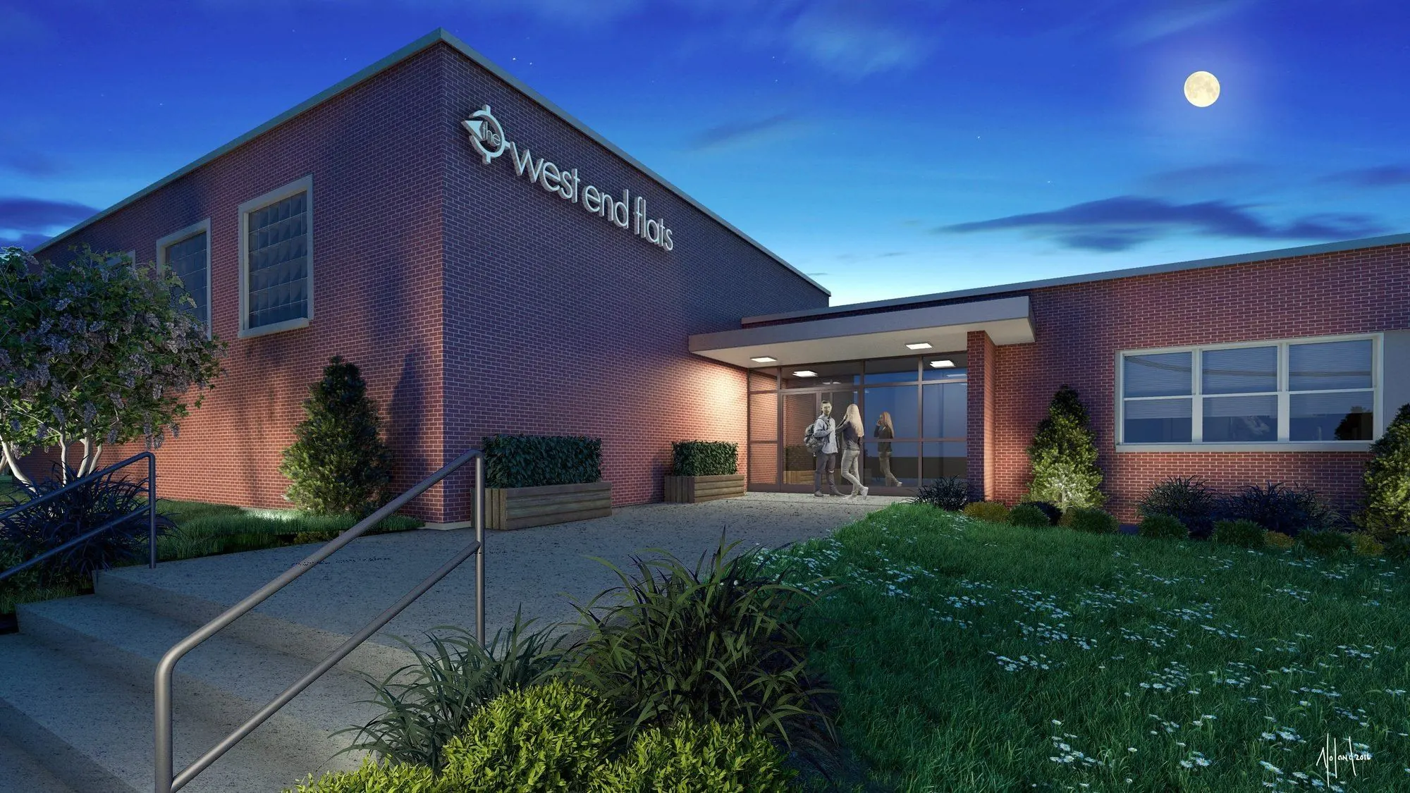 The West End Flats exterior at dusk