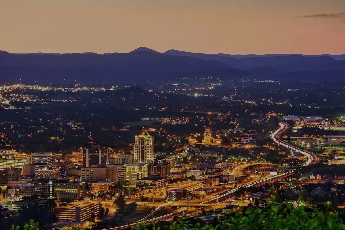 Downtown Roanoke skyline at dusk